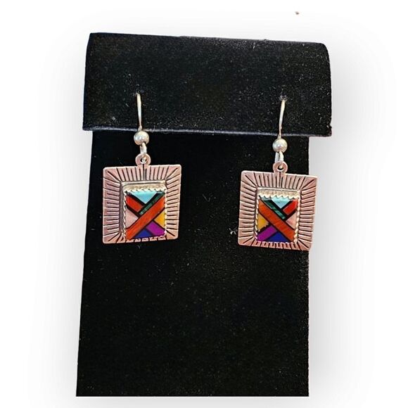 Vintage Navajo Signed Q.T. Inlaid Postage Stamp Sterling Silver Dangle Earrings - Picture 1 of 9